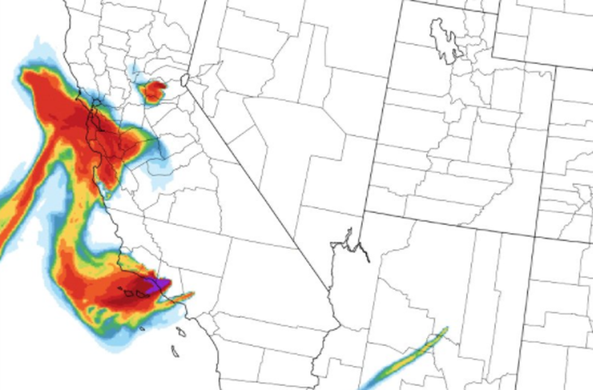 A projected image of smoke plumes from wildfires in Los Angeles and Ventura counties at 2 p.m. PST.