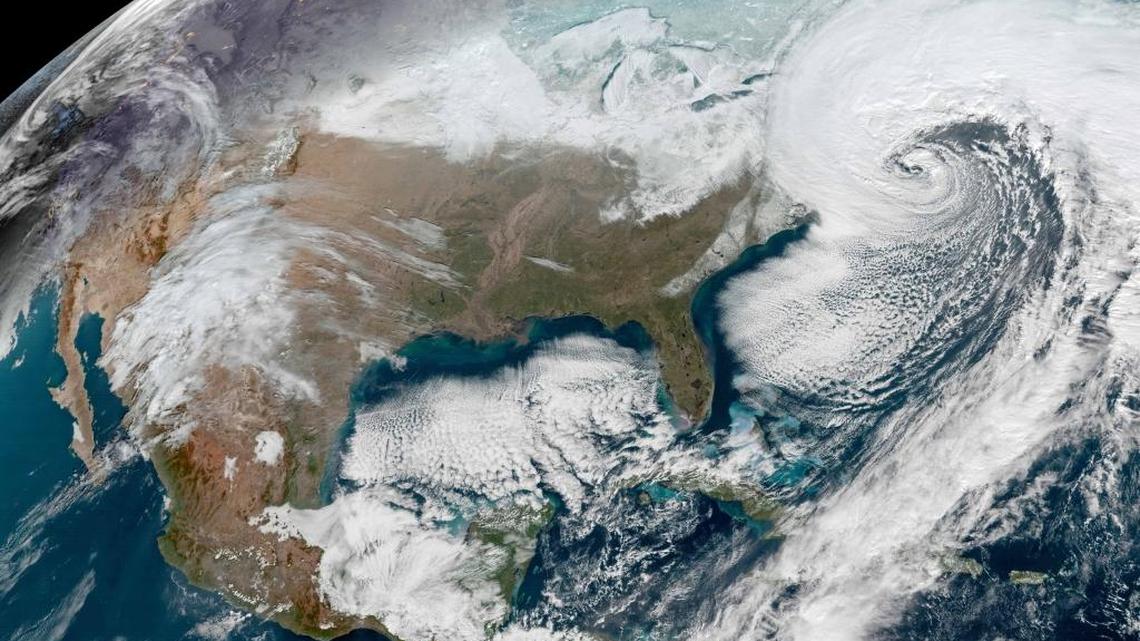 Image from the GOES-16 satellite of a low pressure system spinning counterclockwise off the East Coast on Jan. 4.