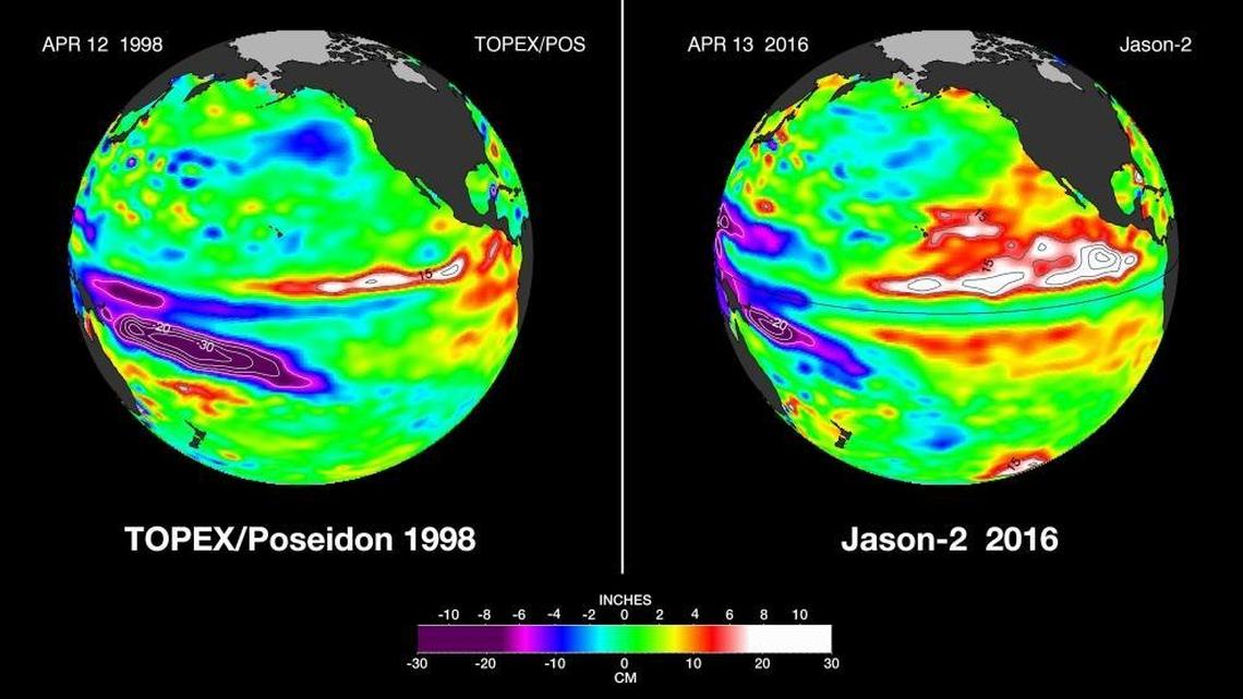 Differences between the 1998 and 2016 El Niño events during the month of April. This April, a large area of the northeastern tropical Pacific still contains a large area of warmer than normal heat content. The El Nino footprint is still strong. These 1997-1998 and 2015-2016 El Niño animations were made from data collected by the TOPEX/Poseidon (1997-1998) and the OSTM/Jason-2 (2015-2016) satellites.