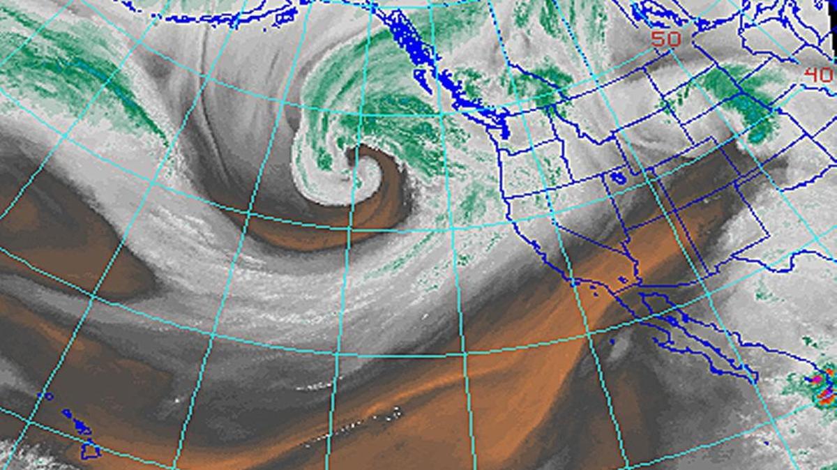 An image from NOAA’s geostationary (GOES) satellites shows water vapor concentrations during an intense Gulf of Alaska storm.