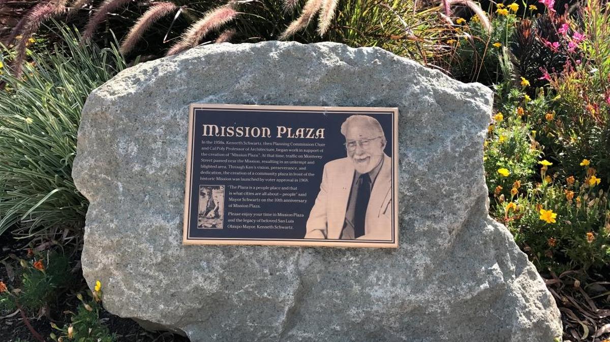 This monument to the late Ken Schwartz, known as the Father of Mission Plaza, might not be allowed under San Luis Obispo’s proposed new Public Art Policy.