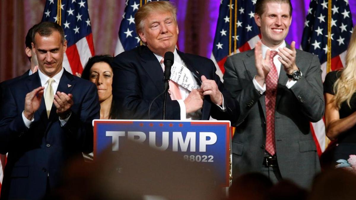 Republican presidential candidate Donald Trump speaks to supporters at his primary election night event at his Mar-a-Lago Club in Palm Beach, Fla., on Tuesday, March 15, 2016.