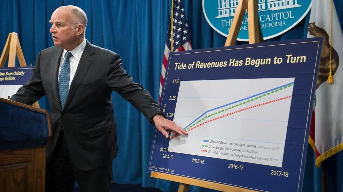 Gov. Jerry Brown uses a chart to bolster his contention that state revenues are slowing as he proposes a 2017-18 budget Jan. 10. He and the Legislature’s budget analyst, Mac Taylor, disagree on how much revenue the state will have to spend.