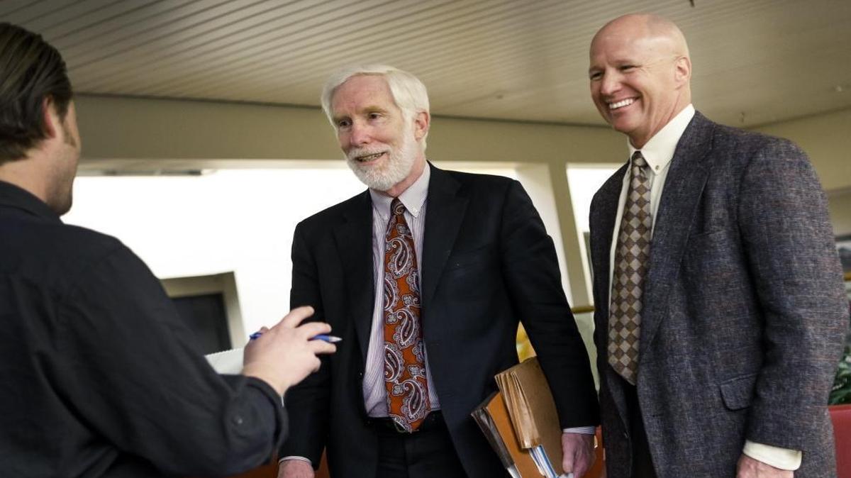 Charles Tenborg, right and his attorney James Wagstaffe speak to the media after the jury found Cal Coast News’ Karen Velie and Daniel Blackburn guilty of defamation and awarded Tenborg $1.1 million in damages.