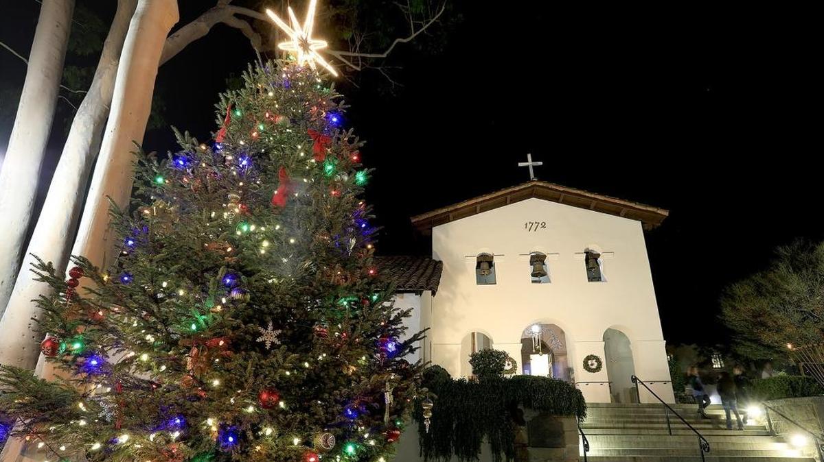 A tree in San Luis Obispo’s Mission Plaza is brightly lit to celebrate the season in 2017.