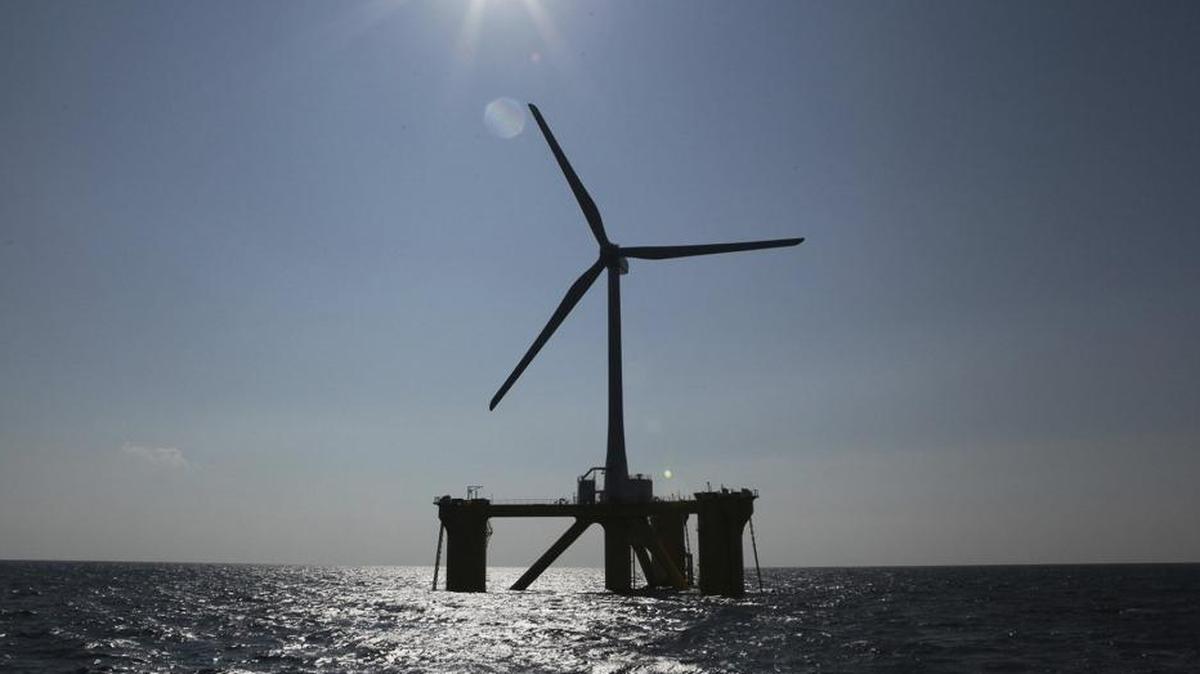 This floating wind turbine was installed 20 kilometers off the coast of Naraha, Fukushima Prefecture, in northeastern Japan in 2013. Plans call for building similar turbines off the Central Coast.