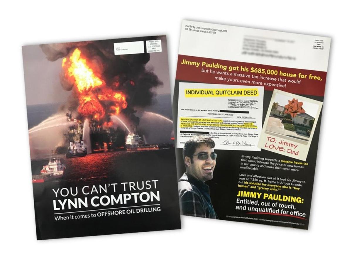 The District 4 supervisor race turned nasty with competing mailers from Jimmy Paulding, left, and Lynn Compton, right.