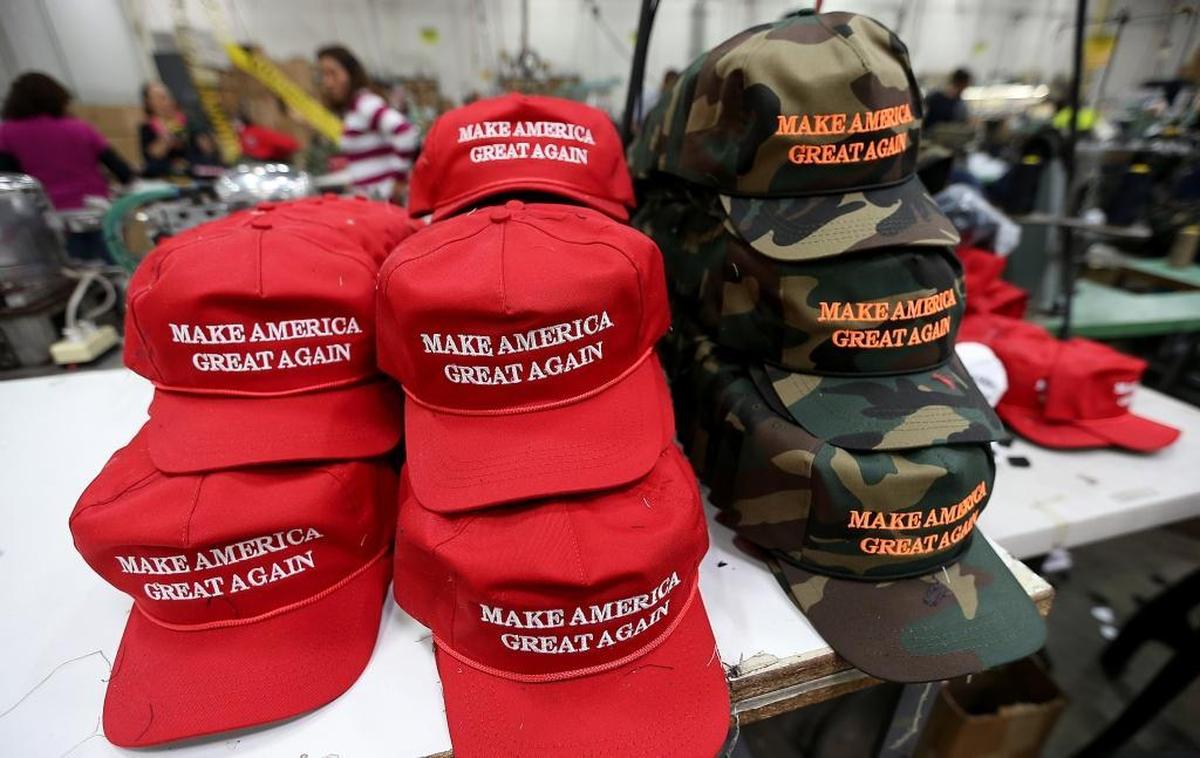Workers stitch together hats on the factory floor of Cali Fame and Cali Headwear in Carson, California.