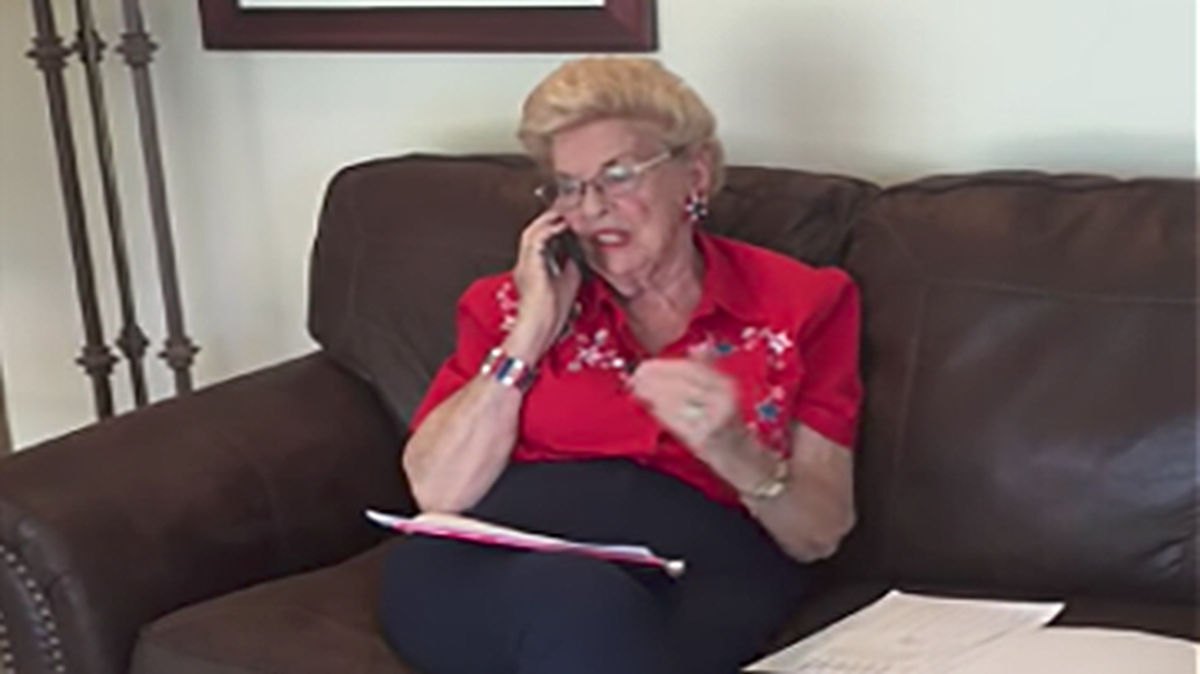 A video screenshot shows Republican activist Edith “Edie” Knight of Atascadero talking on the phone in the lobby of the Elks Lodge on Election Day, June 7, 2016. She faces two charges of electioneering at a polling place.