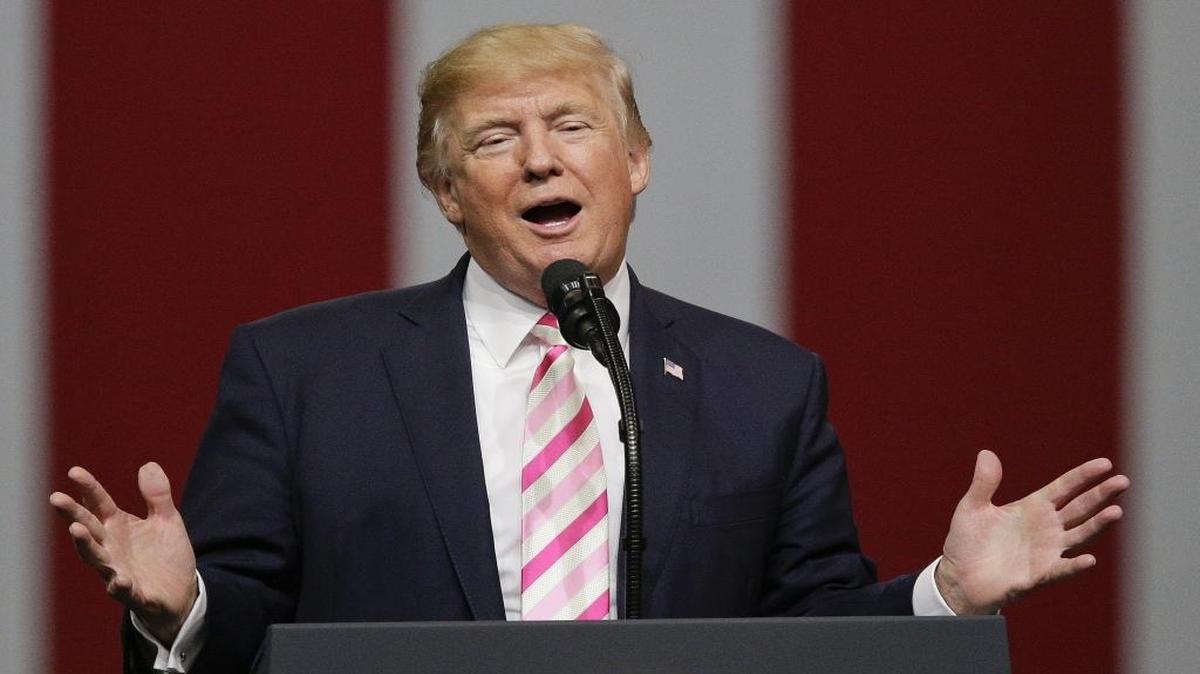 In this Sept. 22, 2017, photo President Donald Trump speaks at a campaign rally in Huntsville, Ala.