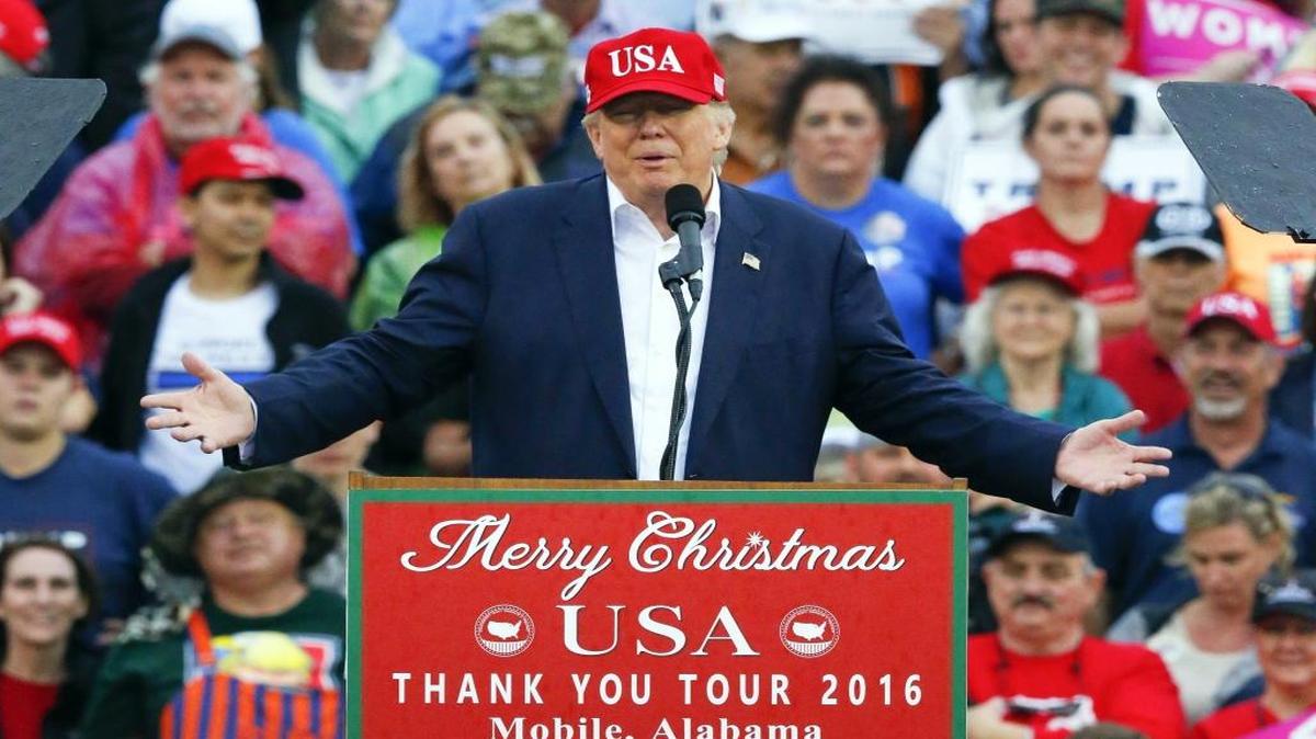 President-elect Donald Trump speaks during a rally Saturday, Dec. 17, 2016, in Mobile, Ala.