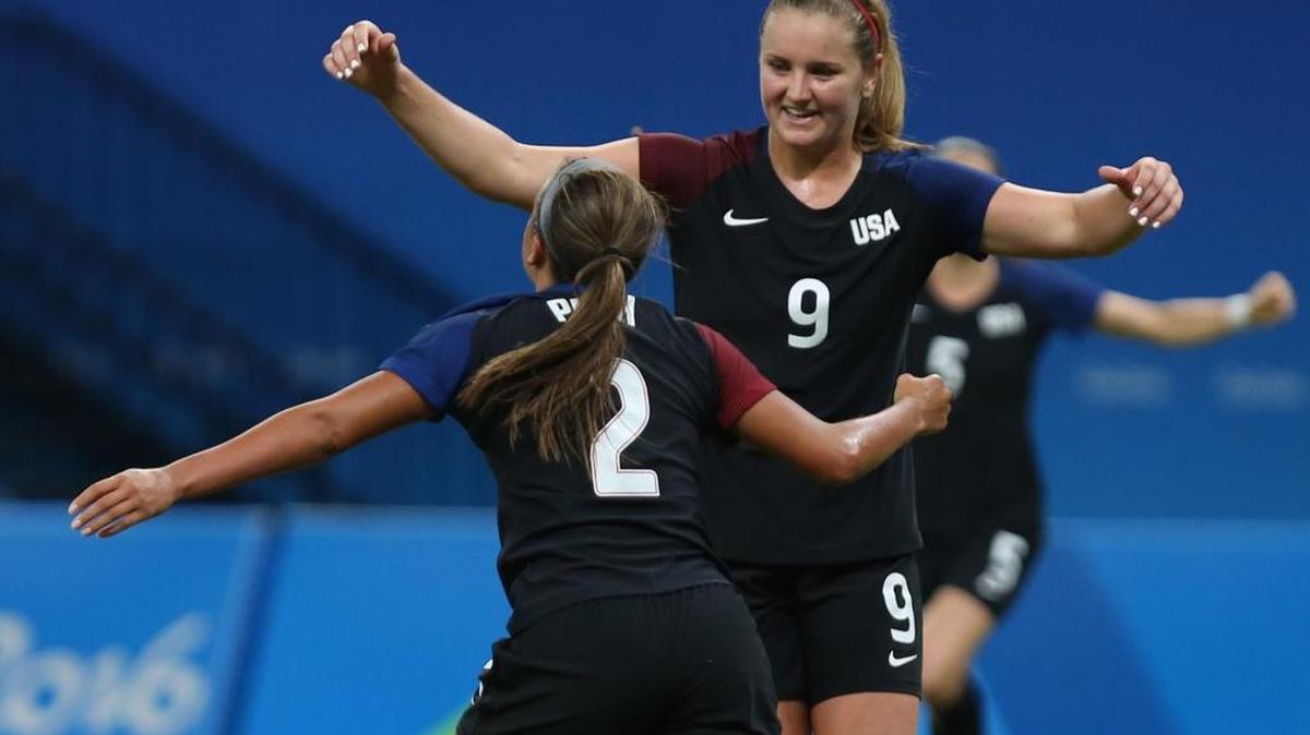 United States' Mallory Pugh, left, is congratulated after scoring her side's 2nd goal by teammate Lindsey Horan during a group G match of the women's Olympic football tournament between Colombia and United States at the Arena Amazonia stadium in Manaus, Brazil, Tuesday, Aug. 9, 2016.
