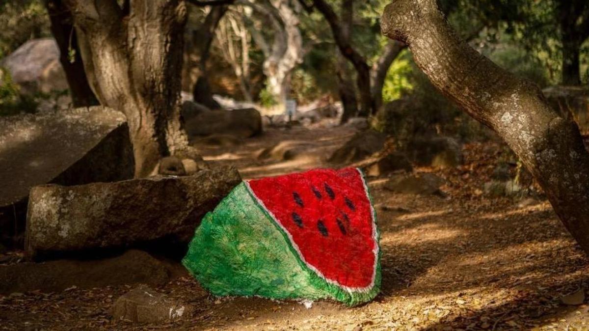 A rock along the Bishop Peak trail near Highland Drive in San Luis Obispo has been painted to look like a slice of watermelon. The city is calling it a crime, possibly a felony.