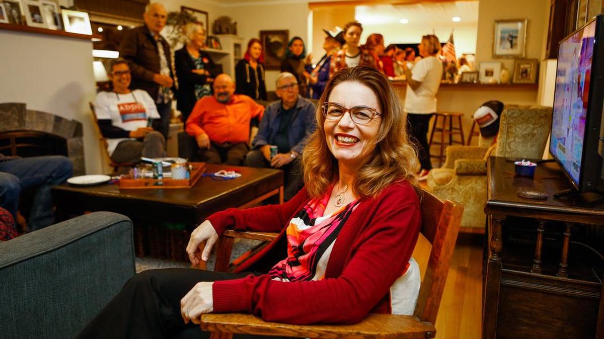 Dawn Addis, a Morro Bay City Council candidate, attends an election night party in Morro Bay. She has been an avid participant in the Women’s March movement and supports the planned new sewage treatment plant site.