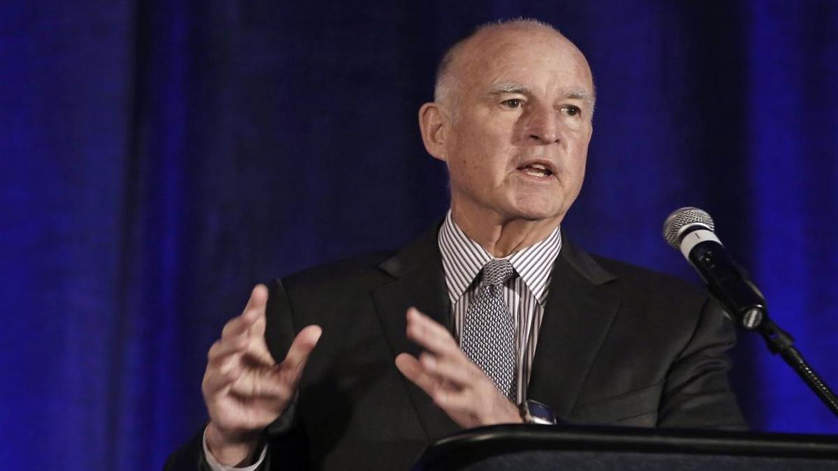 In this Jan. 14, 2016 file photo, California Gov. Jerry Brown speaks at the Association of California Water Agencies conference, in Sacramento, Calif. Brown is making it a top priority to defeat Proposition 53, the November ballot initiative that would require a statewide vote before issuing bonds to fund mega-projects such as Brown’s high-speed rail and Delta tunnels.