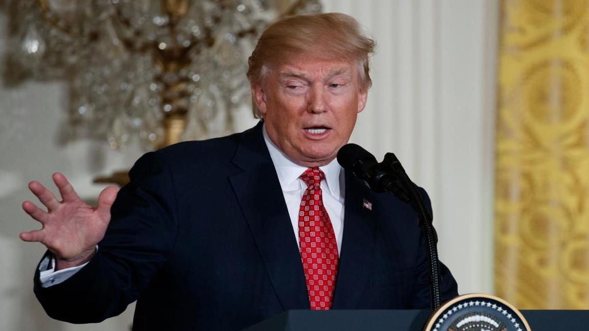President Donald Trump speaks during a joint news conference with Japanese Prime Minister Shinzo Abe, Friday, Feb. 10, 2017, in the East Room of the White House in Washington.