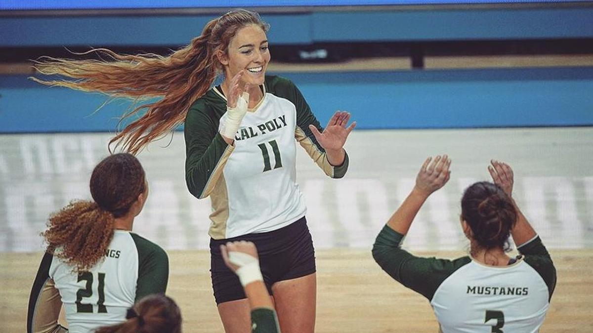 Members of the Cal Poly volleyball team celebrate during their eventual three-set victory Friday night over Denver in the first round of the NCAA Tournament at Pauley Pavilion on the UCLA campus. The Mustangs took on UCLA on Saturday night in the second round.
