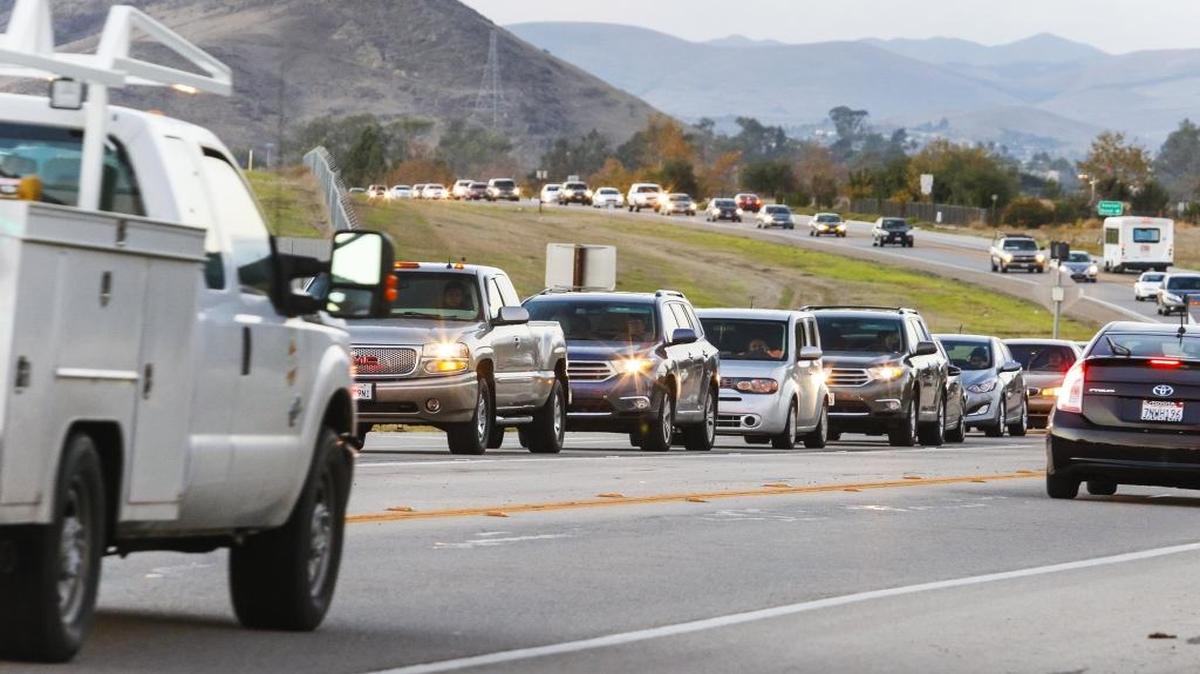 Southbound traffic crawls along Hwy. 227 near the San Luis Obispo County Regional Airport at rush hour.