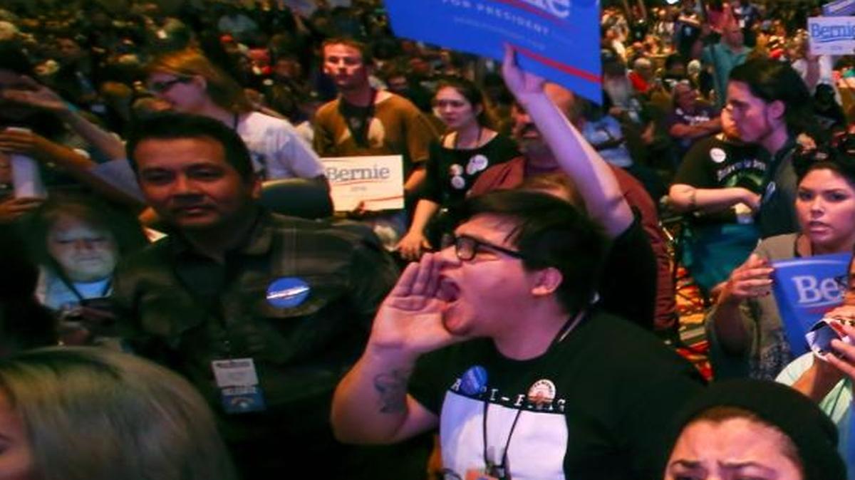 Supporters of Democratic presidential candidate Bernie Sanders react as U.S. Sen. Barbara Boxer, D-Calif., speaks during the Nevada State Democratic Party’s 2016 State Convention at the Paris hotel-casino in Las Vegas on May 14.