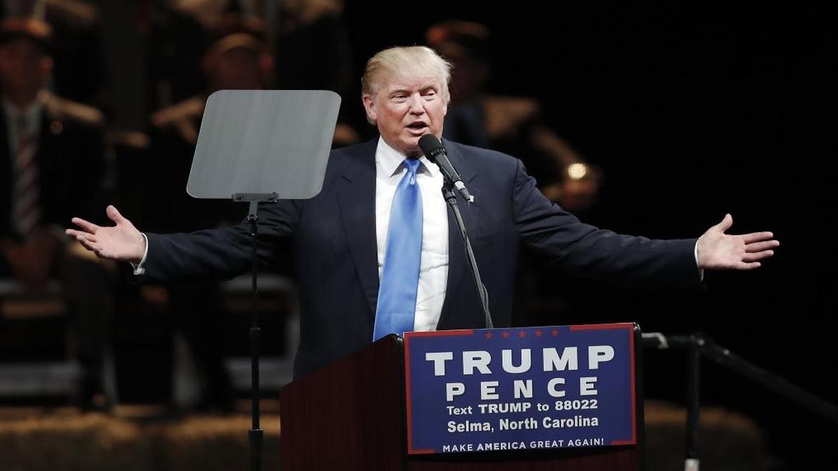 Republican presidential candidate Donald Trump gestures as he speaks during a campaign rally Thursday in Selma, N.C.