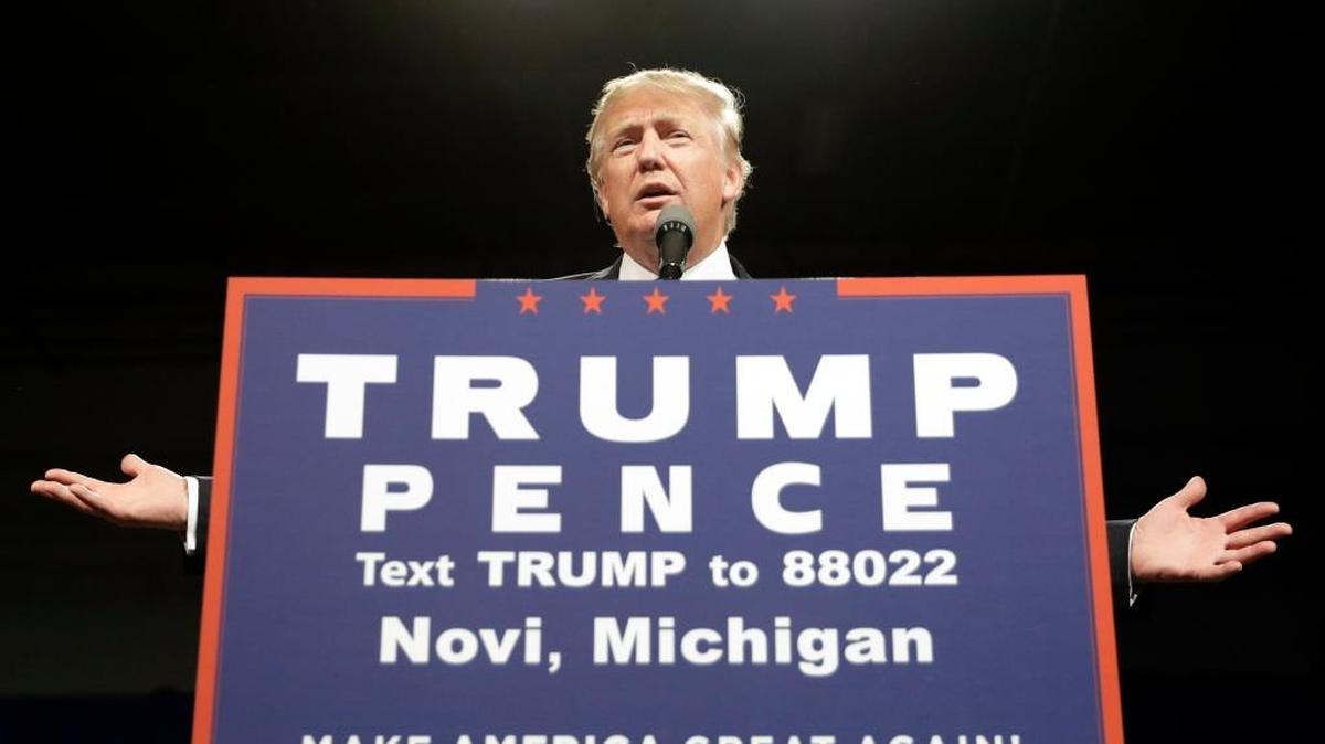 Donald Trump speaks at a rally earlier this year in Novi, Mich.