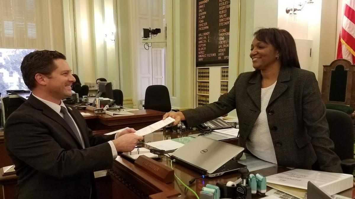 Assemblyman Jordan Cunningham submits his first piece of legislation on Feb. 10, 2017, at the state Capitol.