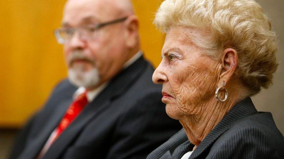 Edith Meta Knight, of Atascadero, is on trial for misdemeanor electioneering at a polling place, she sits here next to her Defense attorney Ilan Funke-Bilu during the start of the trial Wednesday.