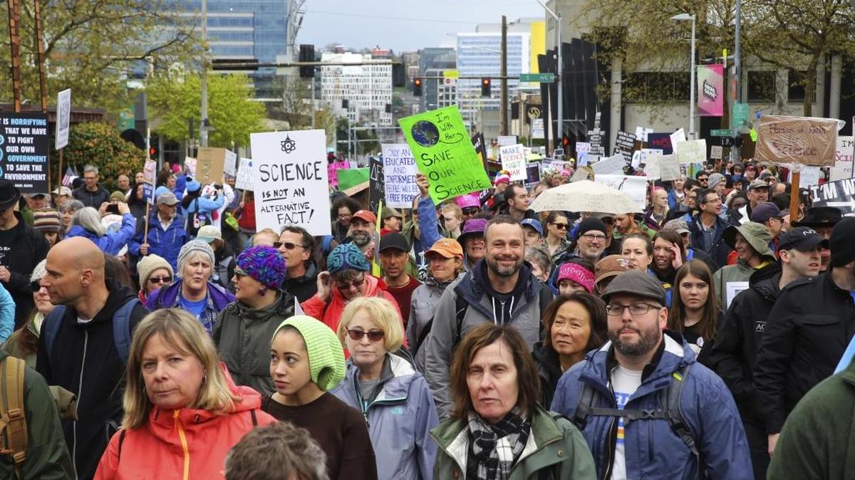 In this April 22, 2017 photo, demonstrators participate in the March for Science, which traveled through downtown Seattle from Cal Anderson Park to the Seattle Center.