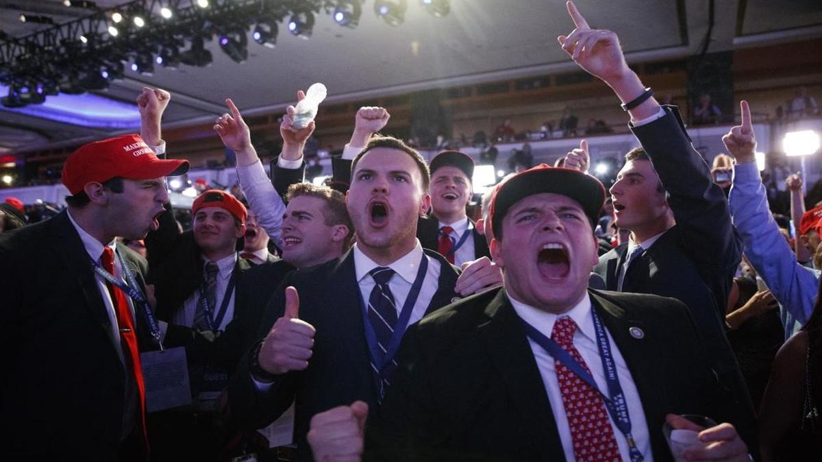 Supporters of President-elect Donald Trump cheer during as they watch election returns during an election night rally, Wednesday, Nov. 9, 2016, in New York.