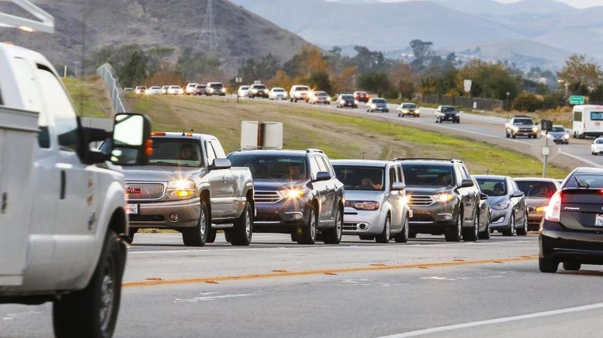 Southbound traffic crawls along Hwy. 227 near the San Luis Obispo County Regional Airport at rush hour.