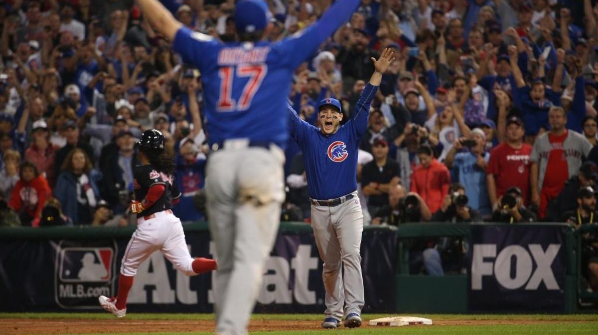 The Chicago Cubs celebrate after defeating the Cleveland Indians, Nov. 3, 2016 in Game 7 to win the World Series at Progressive Field in Cleveland, Ohio.