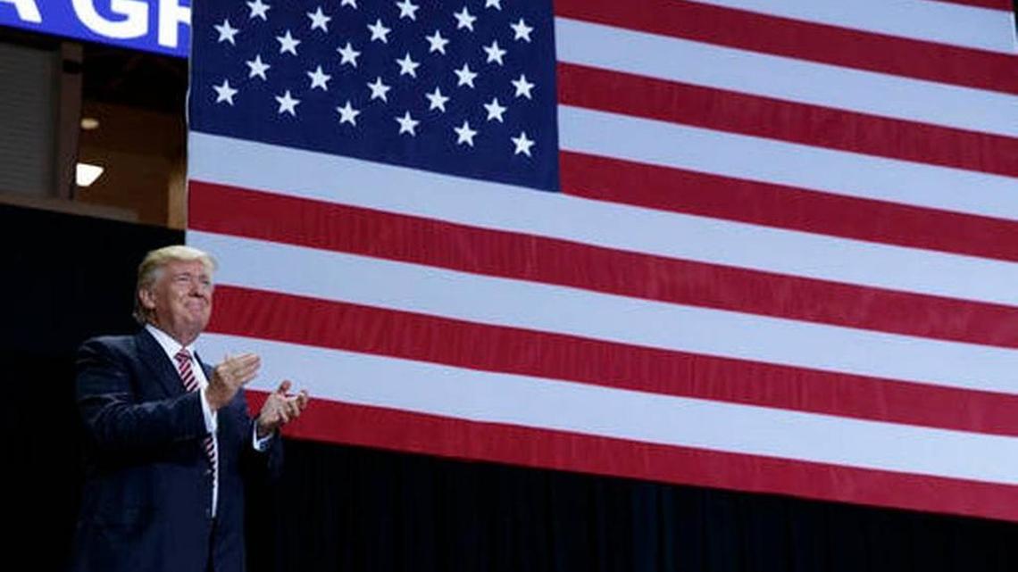 Republican presidential candidate Donald Trump arrives for a campaign rally, Thursday, Aug. 11, 2016, in Kissimmee, Fla.