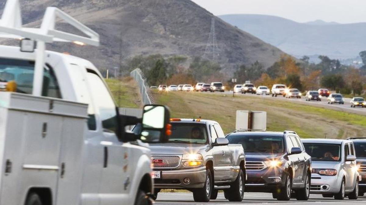 Southbound traffic crawls along Hwy. 227 near the San Luis Obispo County Regional Airport at rush hour.