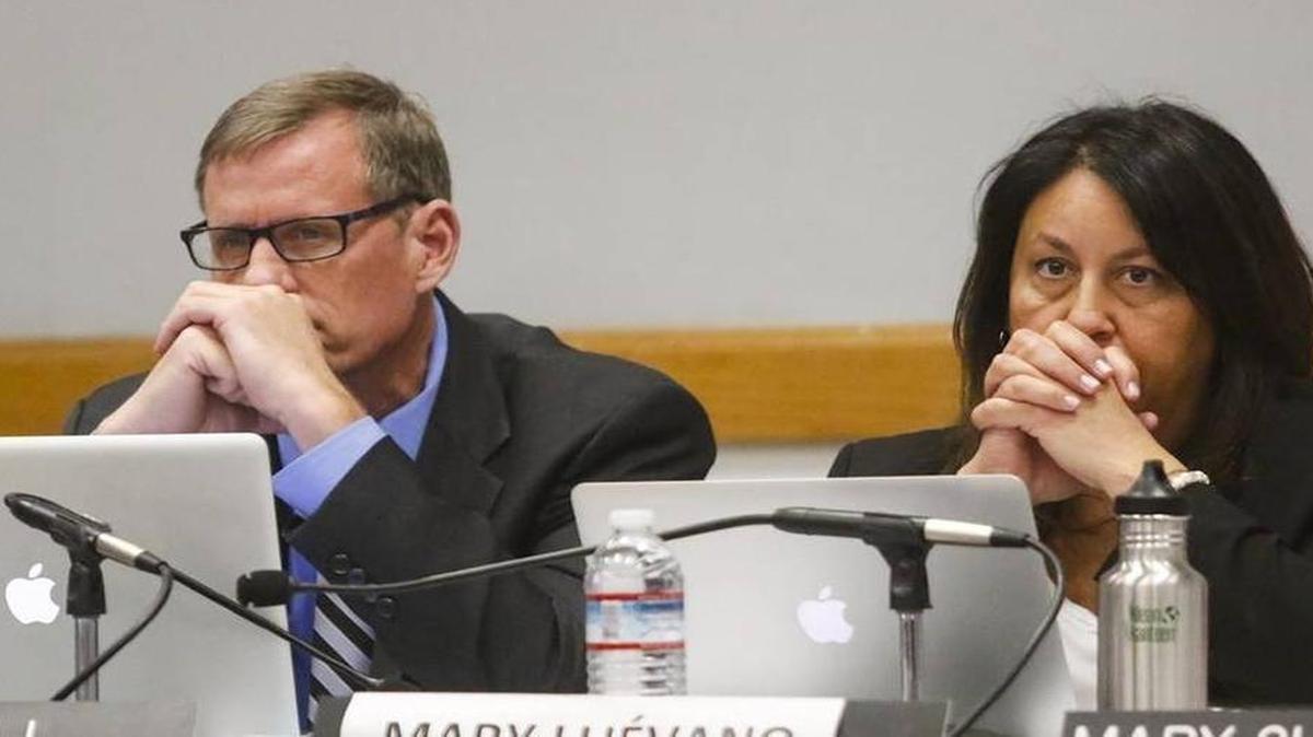 Coastal Commissioners Erik Howell and Mary Luévano listen to public comment during Wednesday’s meeting in Morro Bay. Howell, a Pismo Beach councilman, said needless delays and a lack of communication led him to vote to dismiss Executive Director Charles Lester.