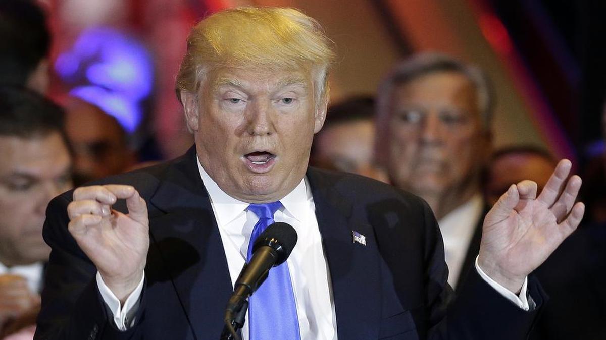 Republican presidential candidate Donald Trump speaks during a primary night news conference Tuesday in New York.