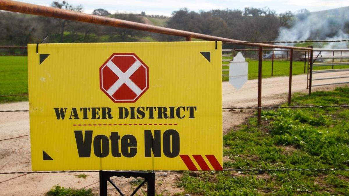 A sign opposing the water district stands along San Marcos Road Between Paso Robles and San Miguel.