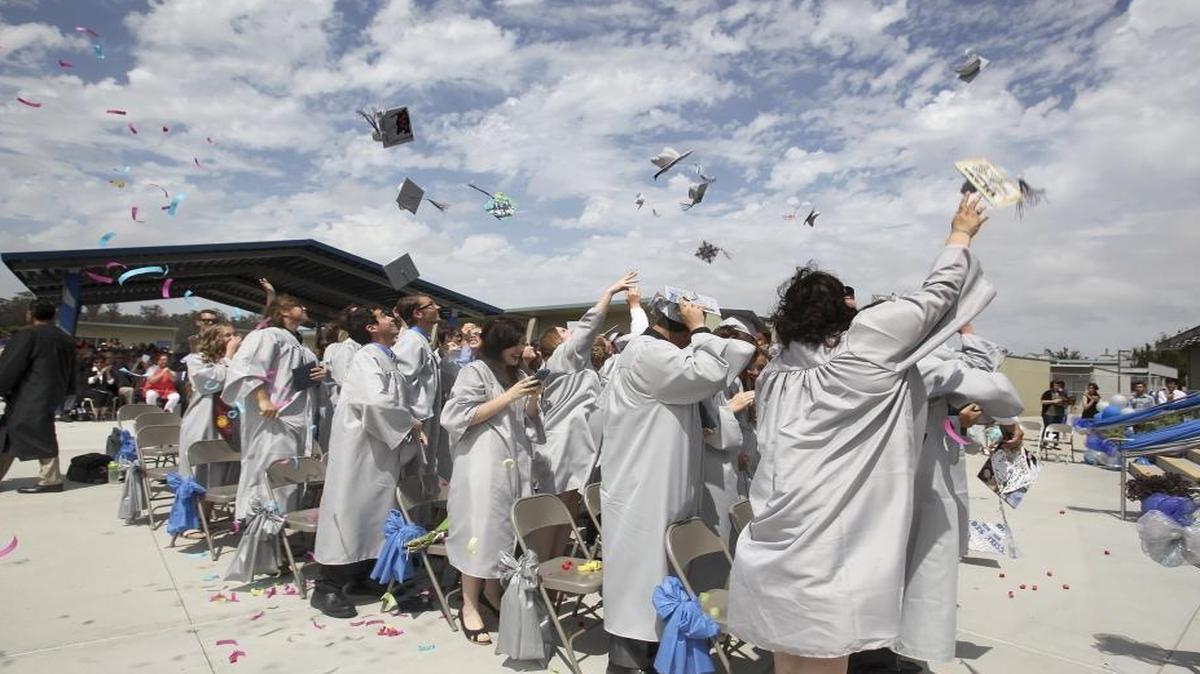 The Central Coast’s New Tech High School, part of Lucia Mar Unified School District, hosted its first graduating class of 2016 in June at Nipomo High School’s campus. The entire class tosses caps into the air after graduation.