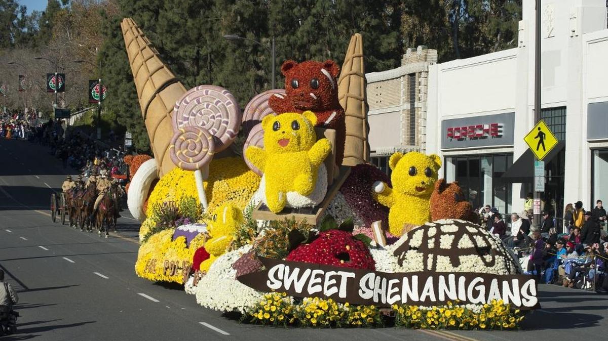 The 2016 Cal Poly Universities Rose Float, Sweet Shenanigans, makes its way down Colorado Boulevard during the 2016 Rose Parade on Jan. 1, 2016.