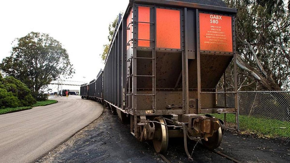 Rail cars sit on a rail line at the Phillips 66 refinery on the Nipomo Mesa not far from the main tracks that pass by the refinery.