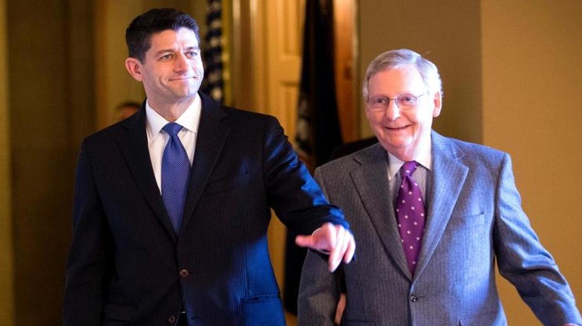House Speaker Paul Ryan, R-Wis., and Senate Majority Leader Mitch McConnell, R-Ky., gleefully walk together in Washington, D.C., on Nov. 3, 2015.
