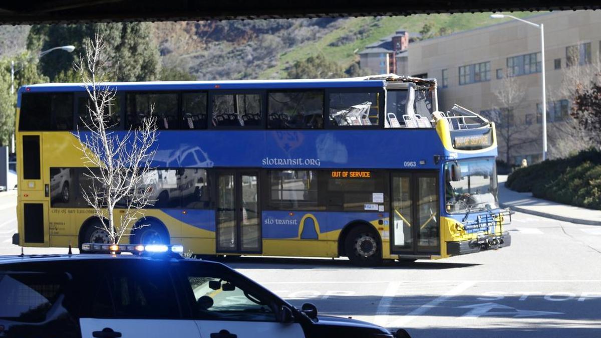 A double deck city bus was damaged when it went off route and tried to clear the railroad underpass at Highland Drive on the Cal Poly campus in 2016.