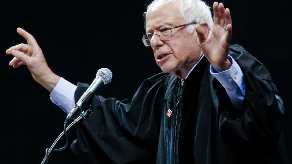 In this May 30, 2017, file photo, Sen. Bernie Sanders, I-Vt., address Brooklyn College's graduates during their commencement ceremony in New York.