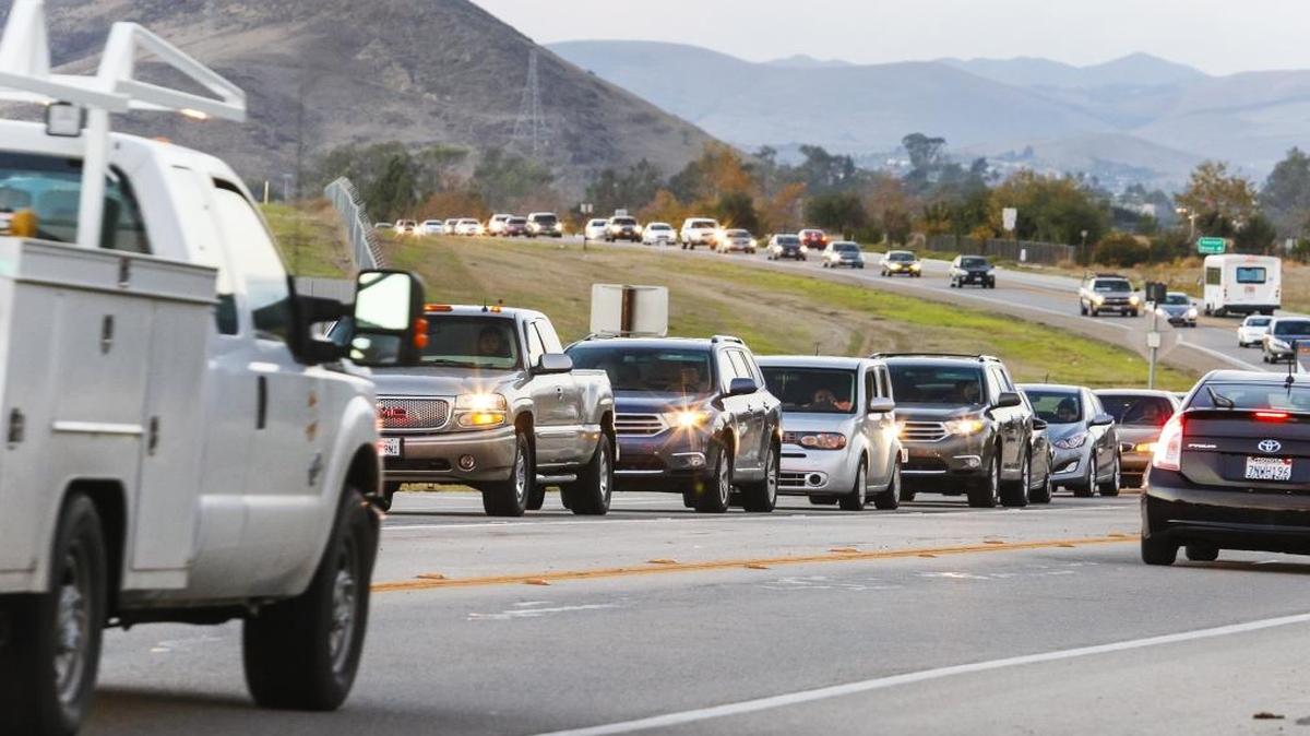 Southbound traffic crawls along Hwy. 227 near the San Luis Obispo County Regional Airport at rush hour.