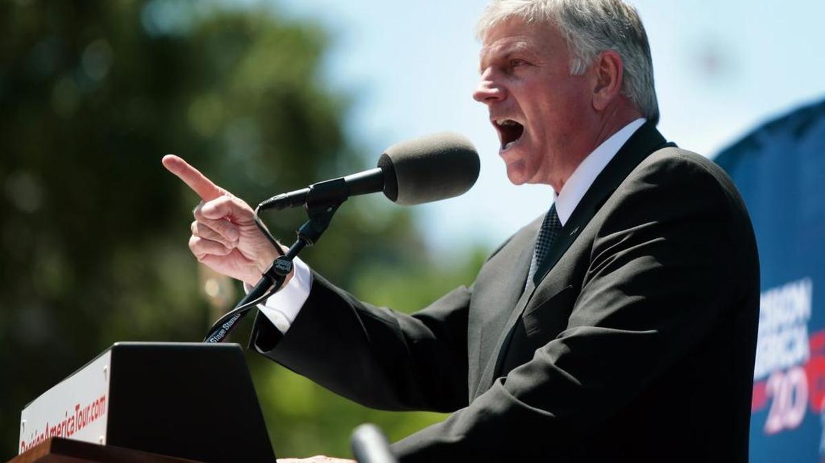The Rev. Franklin Graham speaks during a rally in Madison, Wis., on June 15, 2016. Graham also spoke during the presidential inauguration of Donald Trump.
