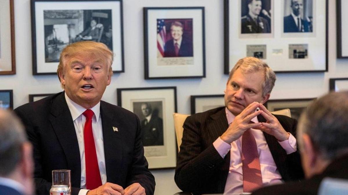 President-elect Donald Trump, left, and New York Times Publisher Arthur Sulzberger Jr., right, appear during a meeting with editors and reporters at The New York Times building on Tuesday in New York.