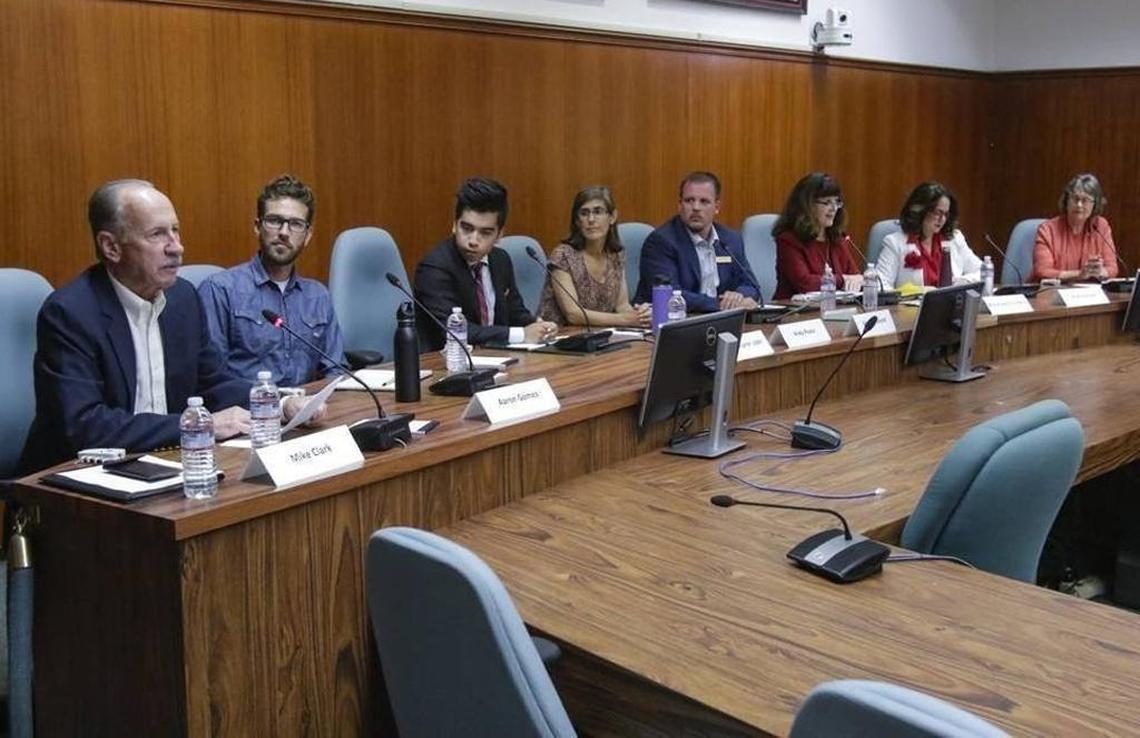 In 2016, six candidates ran for San Luis Obispo City Council (from left: Mike Clark, Aaron Gomez, Christopher D. Lopez, Andy Pease, Brett Strickland and Mila Vujovich-La Barre). Two candidates vied for mayor (from right: Jan Marx and Heidi Harmon). The city’s rental housing inspection program was a huge issue in that year’s mayoral race.