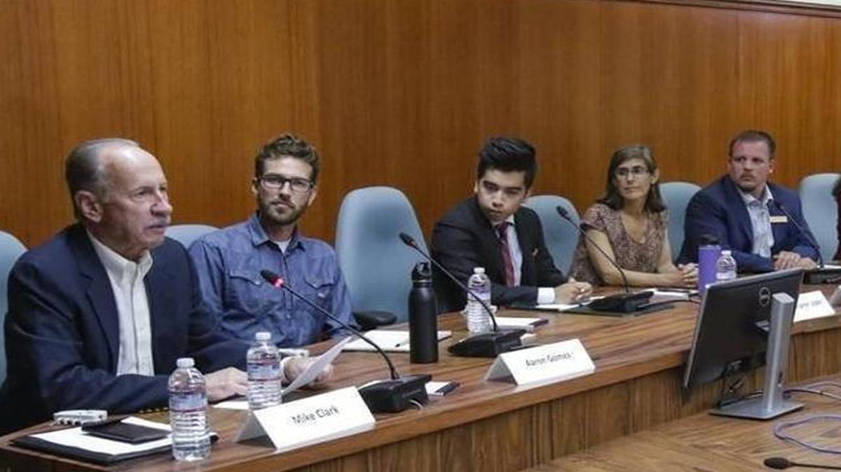 Six candidates are running for San Luis Obispo City Council (from left: Mike Clark, Aaron Gomez, Christopher D. Lopez, Andy Pease, Brett Strickland and Mila Vujovich-La Barre). Two candidates are vying for mayor (from right: Jan Marx and Heidi Harmon).