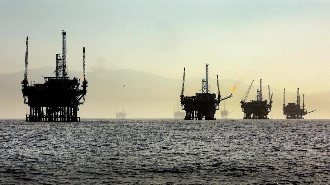 A line of off-shore oil rigs in the Santa Barbara Channel near the Federal Ecological Preserve en route to the Channel Islands National Marine Sanctuary in March 2015. The Trump administration proposed to open for exploration the largest expanse of the nation's offshore oil and natural gas reserves ever offered to global energy companies. (Al Seib/Los Angeles Times/TNS)