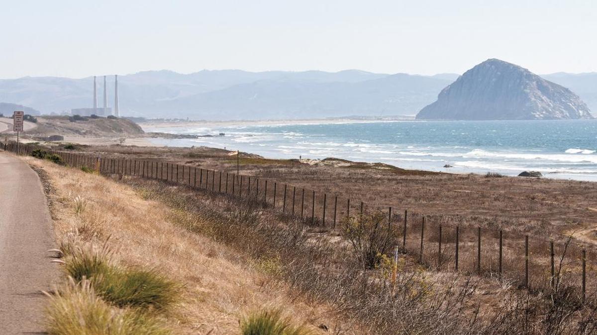 Morro Bay and Morro Rock as seen from Highway 1 south of Cayucos.