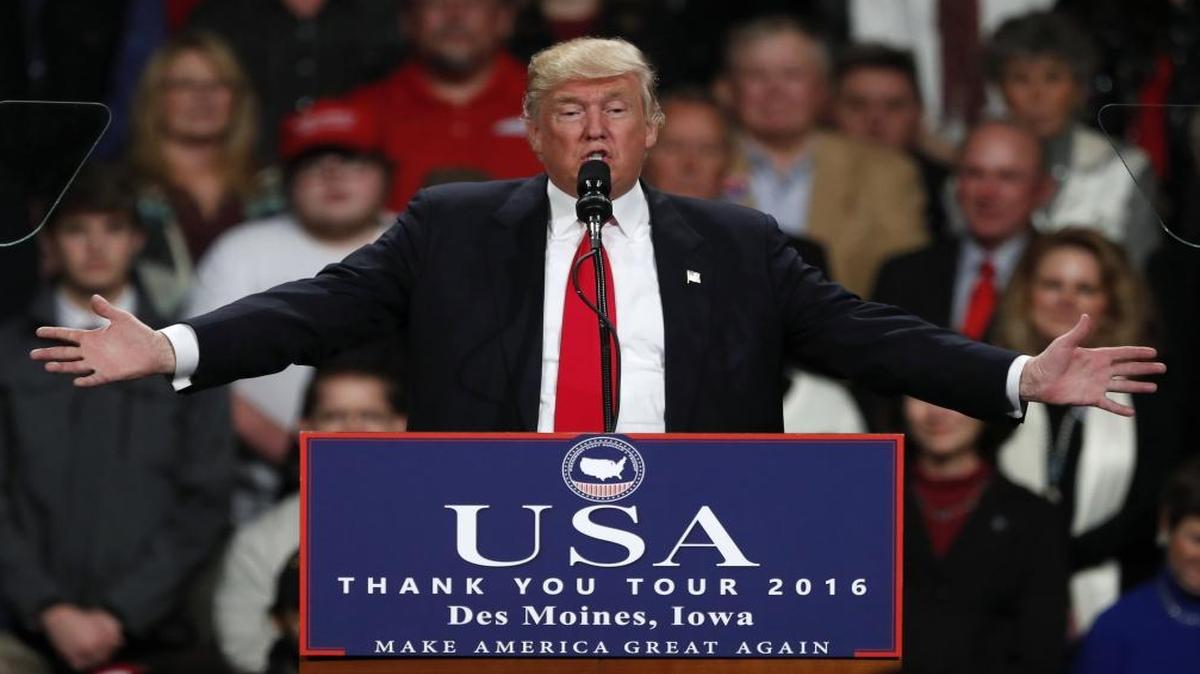 President-elect Donald Trump speaks to supporters during a rally, Thursday, Dec. 8, 2016, in Des Moines, Iowa.